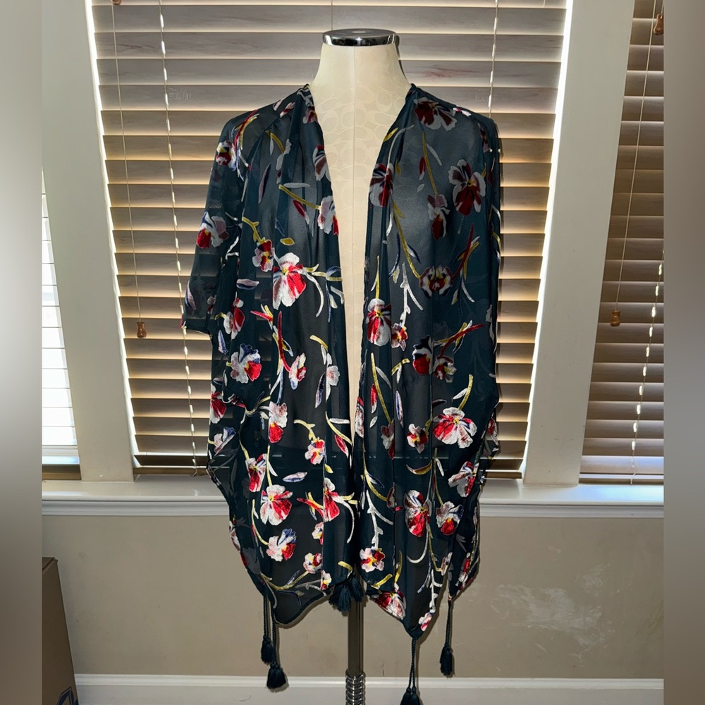 Floral Sheer Kimono with Tassels